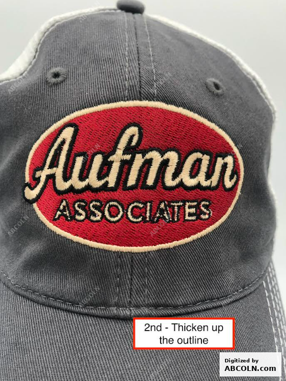 Small Text with Outline Aufman Associates with Embroidered 40 Denier Thread outline for 8 mm tall text